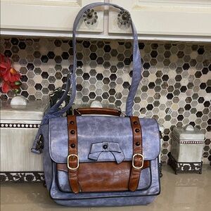 Esecosusi Brown Lavender Blue Leather Messenger Bag Briefcase Laptop Satchel